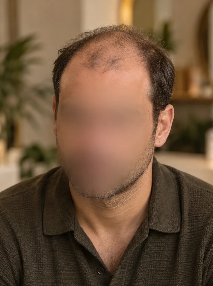 Avant : homme présentant une perte de cheveux sur le dessus du crâne
