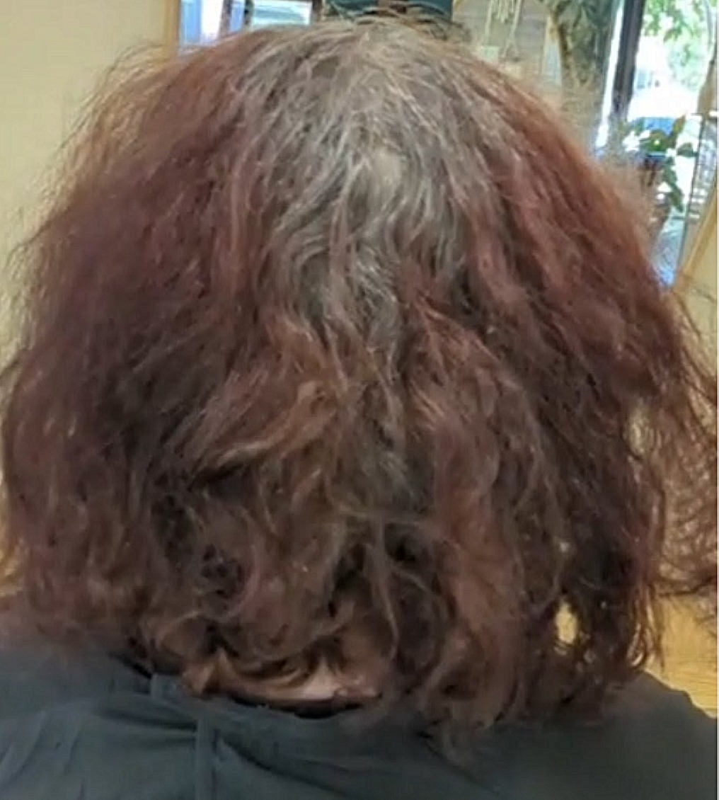 Avant la coloration minérale : cheveux ternes, racines grises et longueurs cuivrées délavées