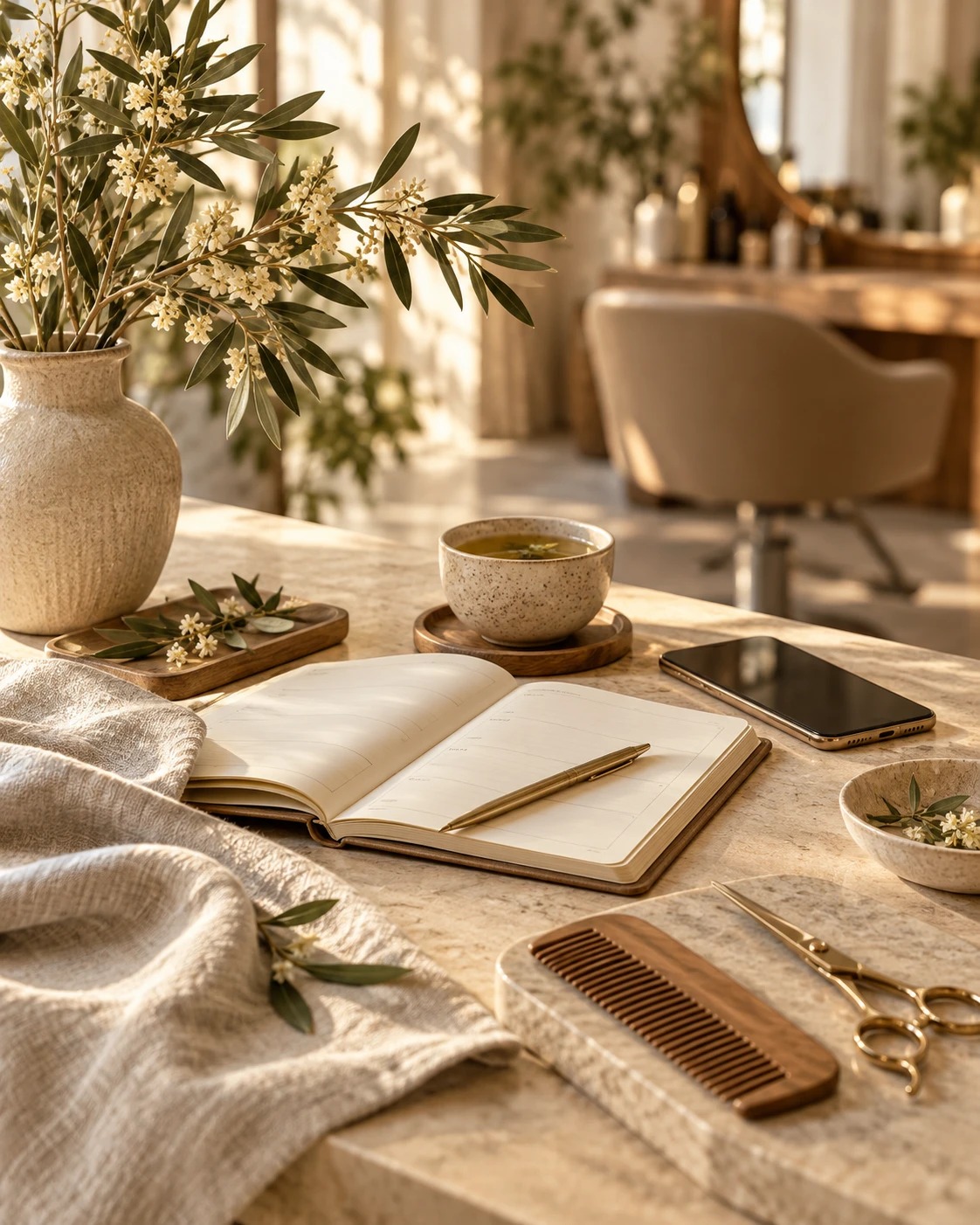 Table de coiffeuse au naturel : carnet de rendez-vous, peigne en bois, ciseaux dorés et infusion