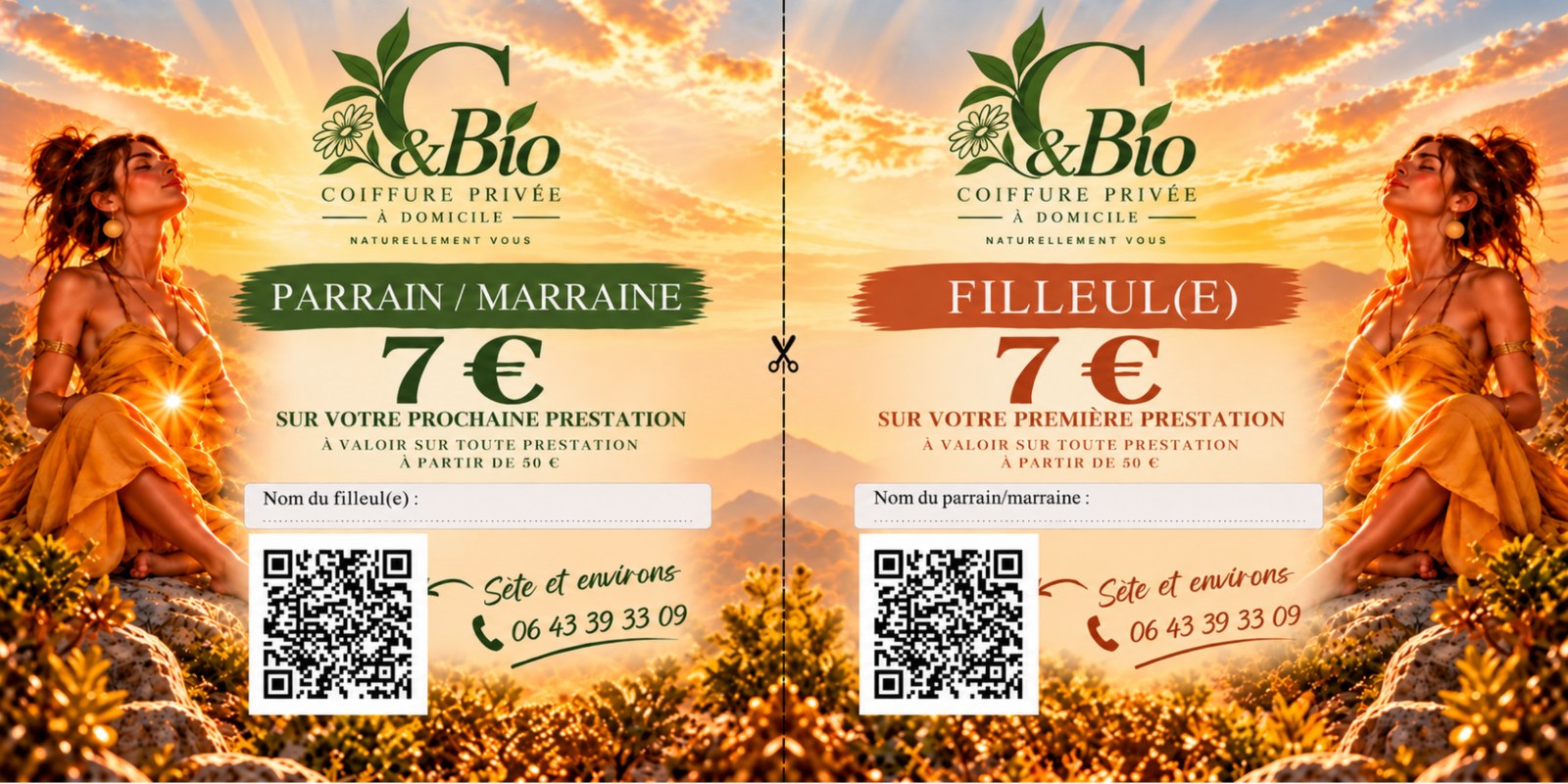 Carte de parrainage C&Bio : 7 € pour le parrain ou la marraine et 7 € pour la filleule, dès 50 € de prestation
